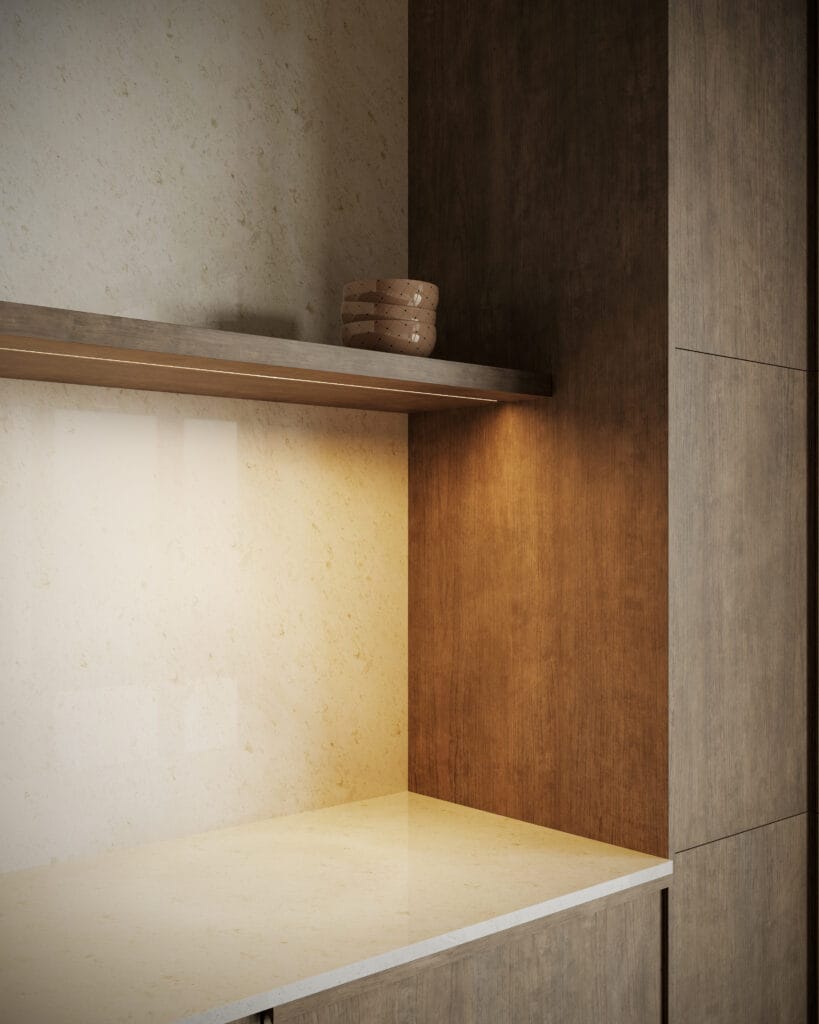 Close-up of modern kitchen with seamless stone backsplash, floating wood shelf with integrated LED lighting, and Elmwood natural wood cabinetry.